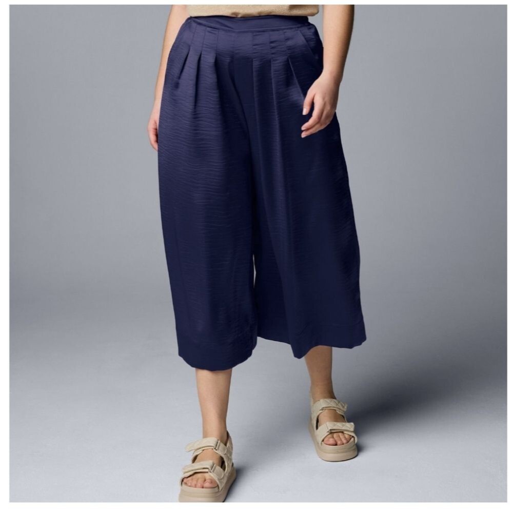 5/$55 Vera Wang Simply Vera Elastic Waist Wide Leg Crop Palazzo Pants, Navy, M